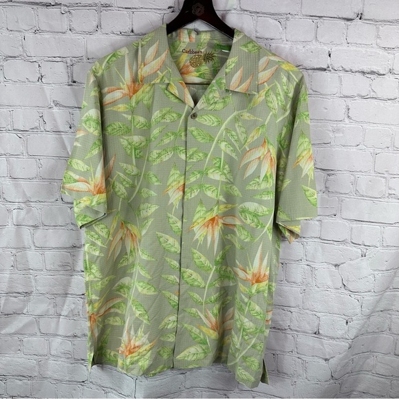 Caribbean silk Tropical floral Leaf pattern casual camp Hawaiian Shirt sz L - Picture 1 of 6